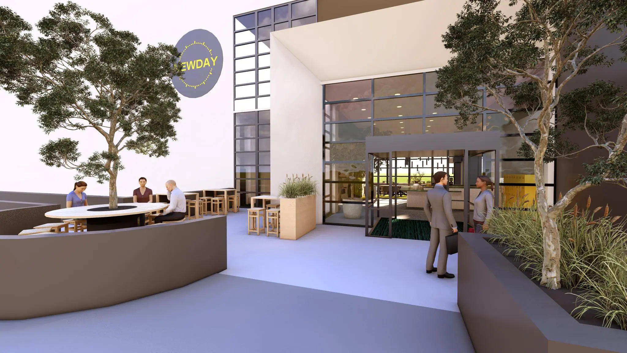 Moderne buitenruimte bij kantoorpand aan de Marten Meesweg met zitplaatsen, groen en het logo van ‘Newday’ op de gevel.